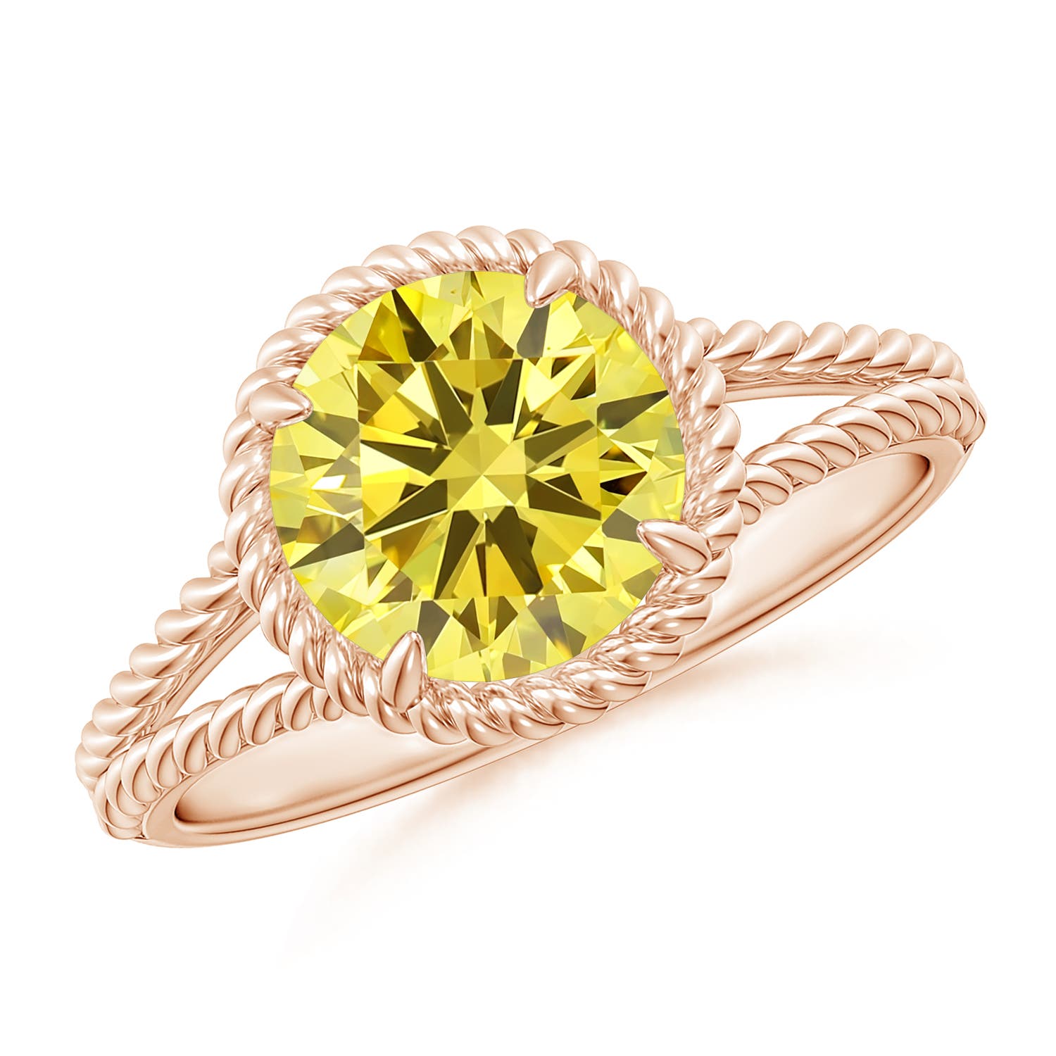 Angara 2.0 CTW Fancy Intense Yellow Diamond Twist Rope Split Shank Engagement Ring in 14K Rose Gold