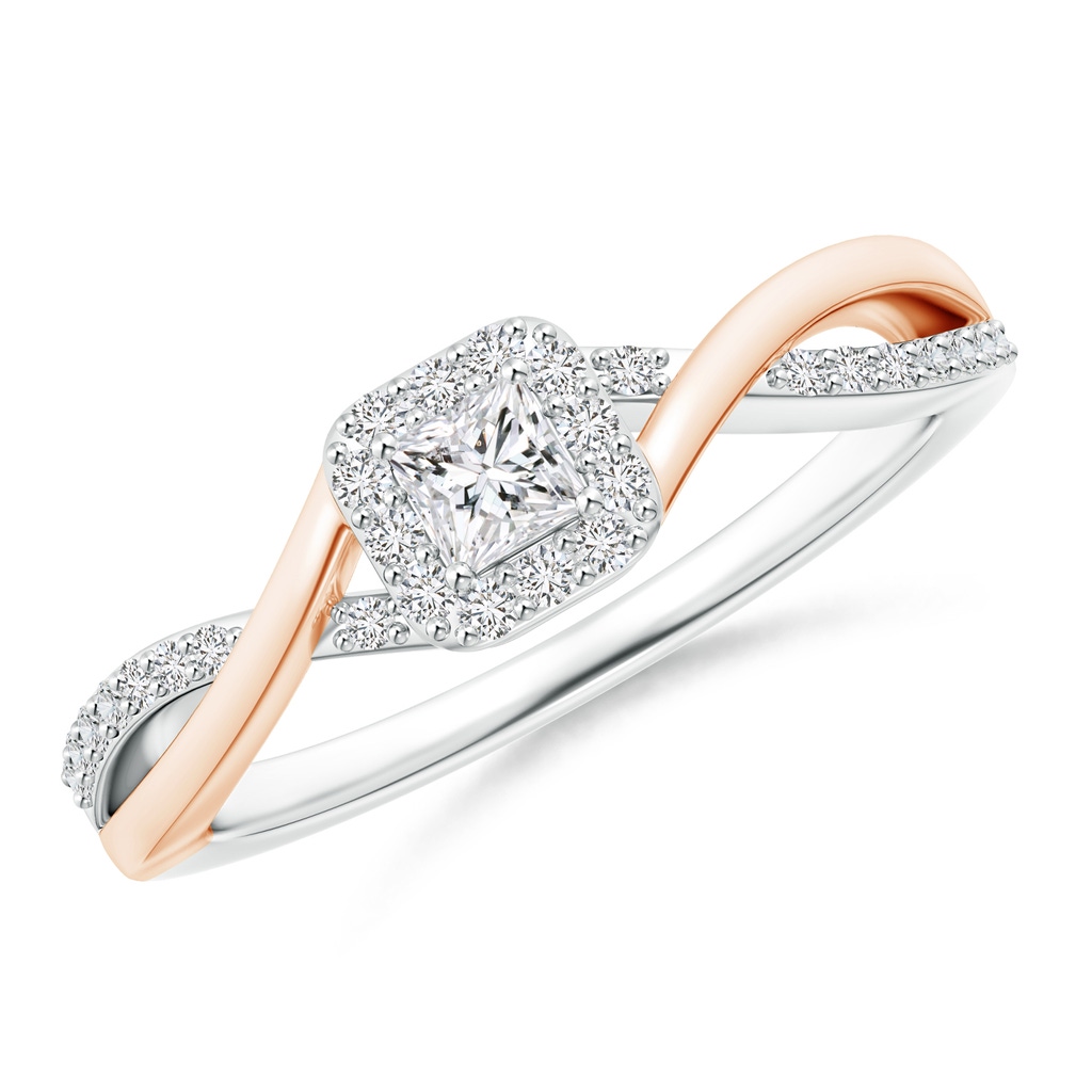 3mm HSI2 Princess-Cut Diamond Halo Crossover Ring in Two Tone Gold in White Gold Rose Gold