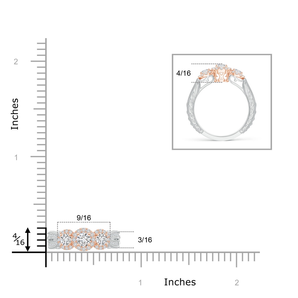 4mm HSI2 Three Stone Diamond Halo Ring in Two Tone Gold in White Gold Rose Gold Product Image