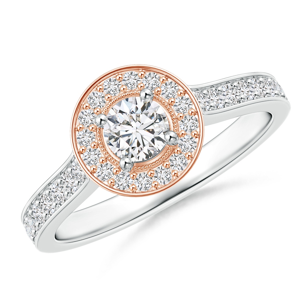 4mm HSI2 Classic Diamond Halo Cathedral Two Tone Ring with Milgrain in White Gold Rose Gold