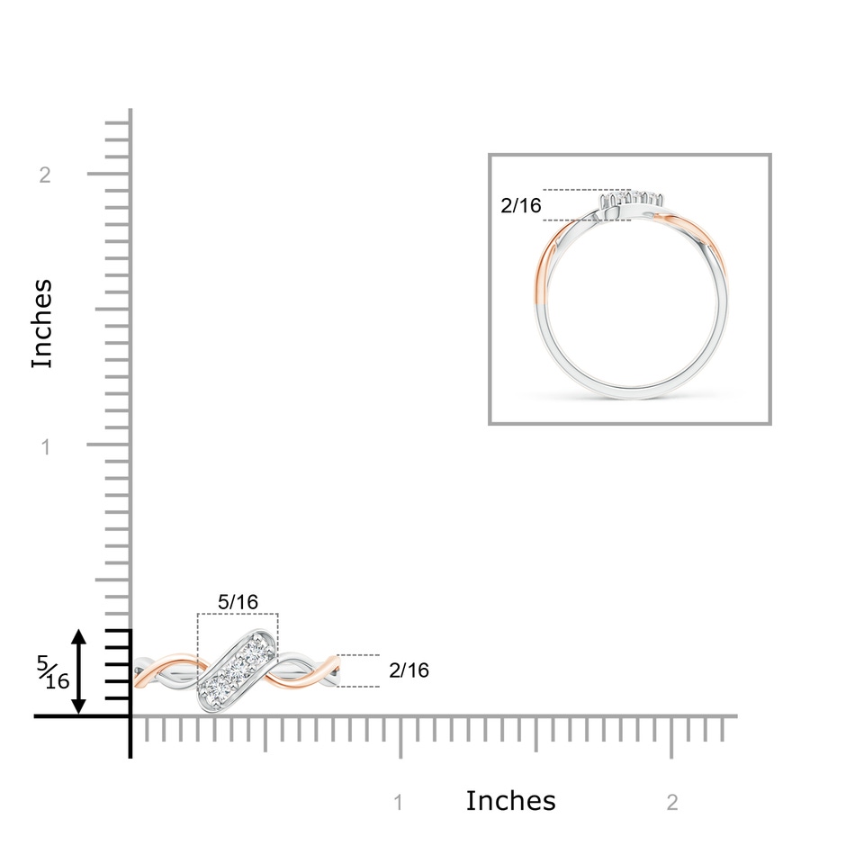 2.1mm GVS2 Slanted Three Stone Diamond Infinity Ring in Two Tone in White Gold Rose Gold ruler