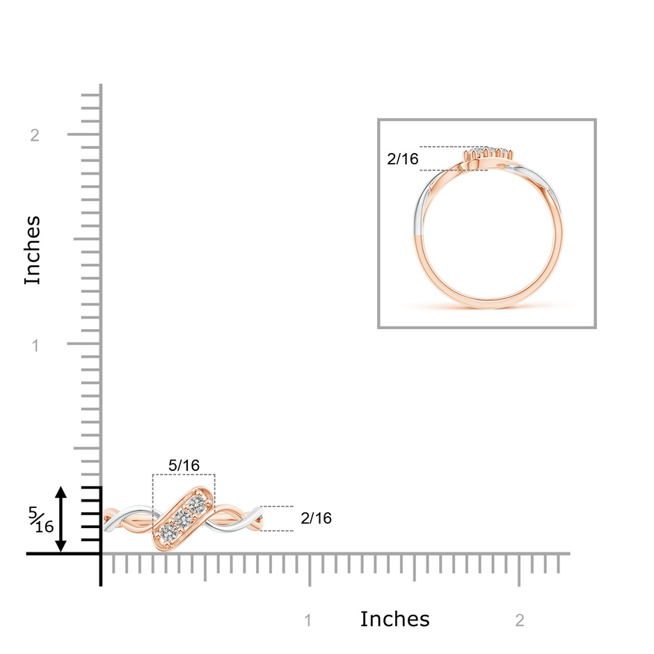 2.1mm KI3 Slanted Three Stone Diamond Infinity Ring in Two Tone in Rose Gold White Gold ruler