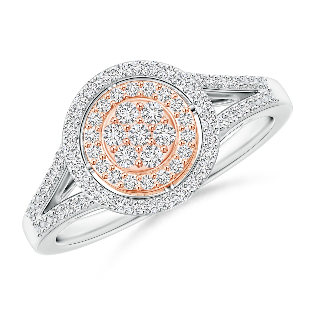 1.5mm HSI2 Clustre Diamond Double Halo Split Shank Ring in Two Tone in White Gold Rose Gold