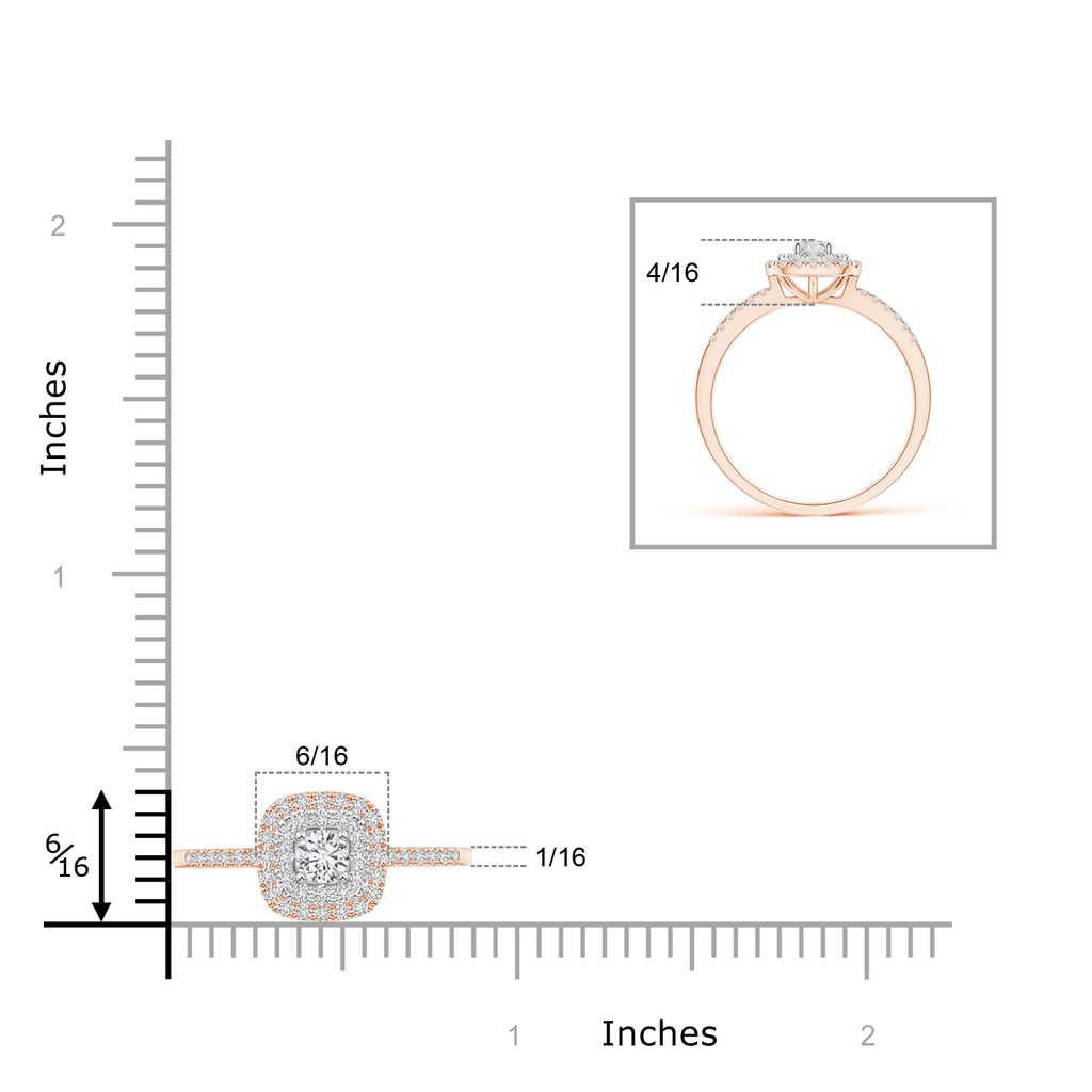 3.4mm HSI2 Double Cushion Halo Diamond Ring in Two Tone Gold in Rose Gold White Gold Ruler