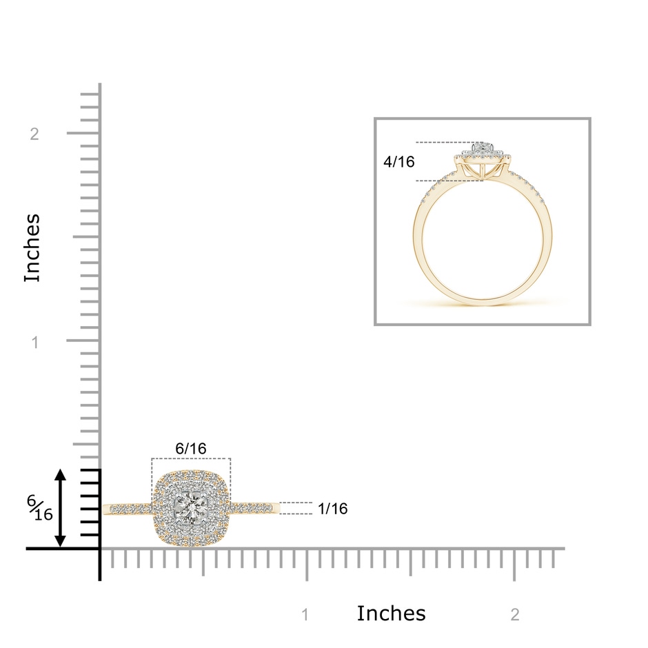 3.4mm KI3 Double Cushion Halo Diamond Ring in Two Tone Gold in Yellow Gold White Gold ruler