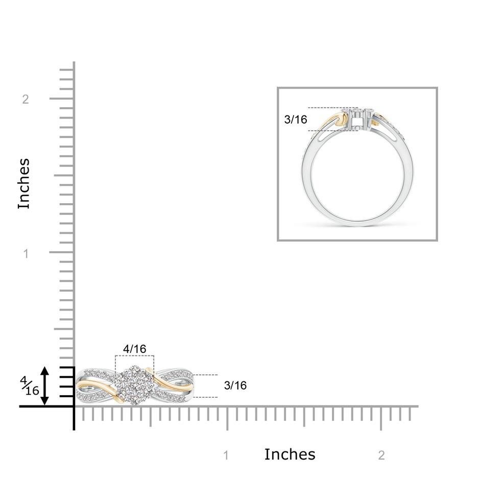 2.2mm IJI1I2 Diamond Flower Cluster Two Tone Bypass Ring in White Gold Yellow Gold ruler