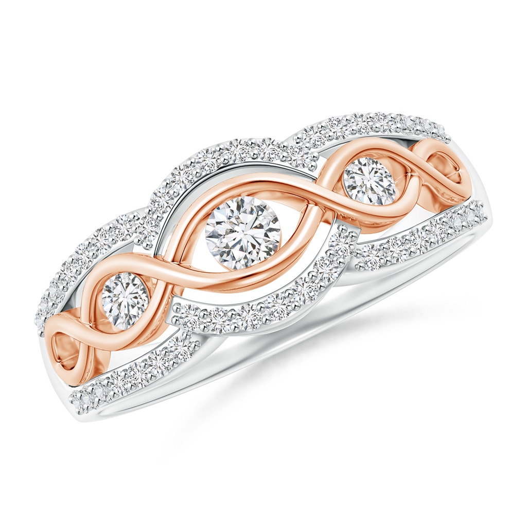 3mm HSI2 3 Stone Diamond Criss Cross Infinity Ring in Two Tone in White Gold Rose Gold