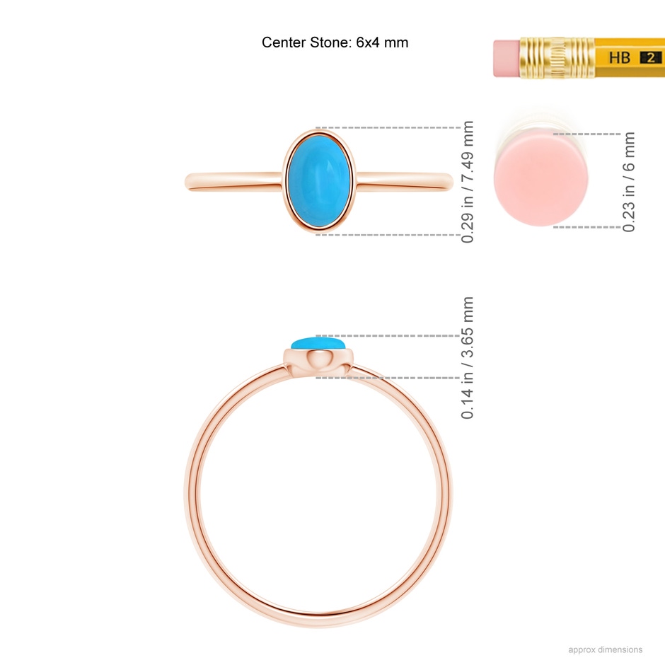 6x4mm AAAA Classic Bezel-Set Oval Turquoise Ring in 18K Rose Gold ruler