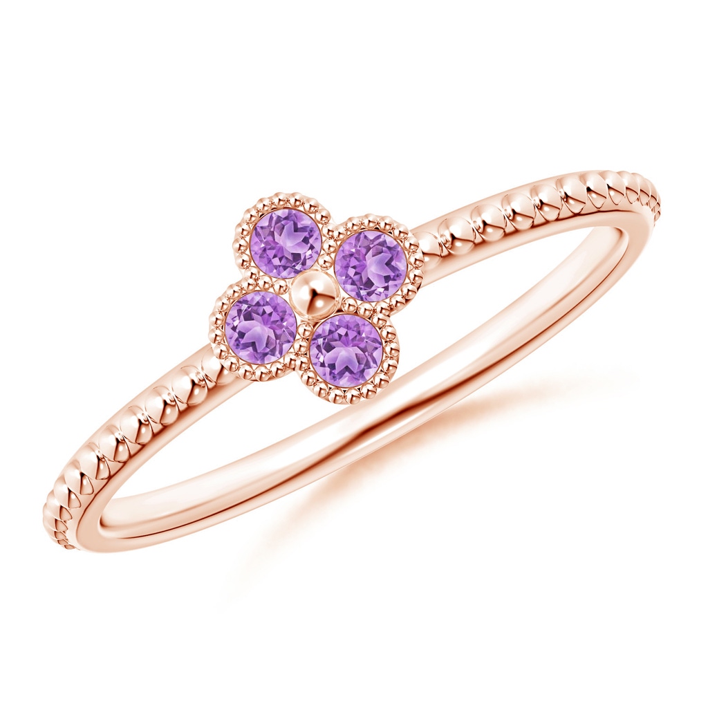 2mm AAA Amethyst Four Leaf Clover Ring with Beaded Shank in Rose Gold
