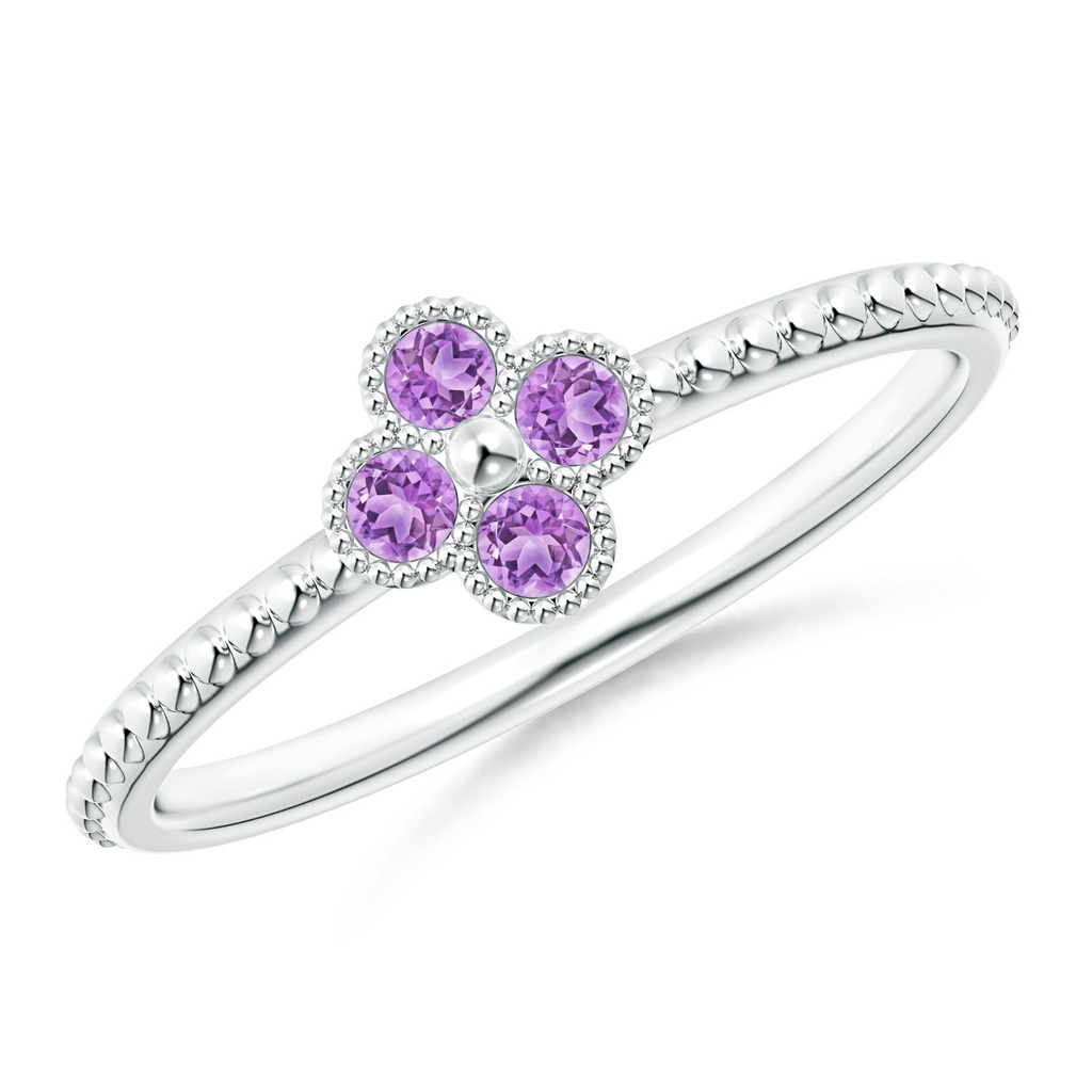 2mm AAA Amethyst Four Leaf Clover Ring with Beaded Shank in S999 Silver