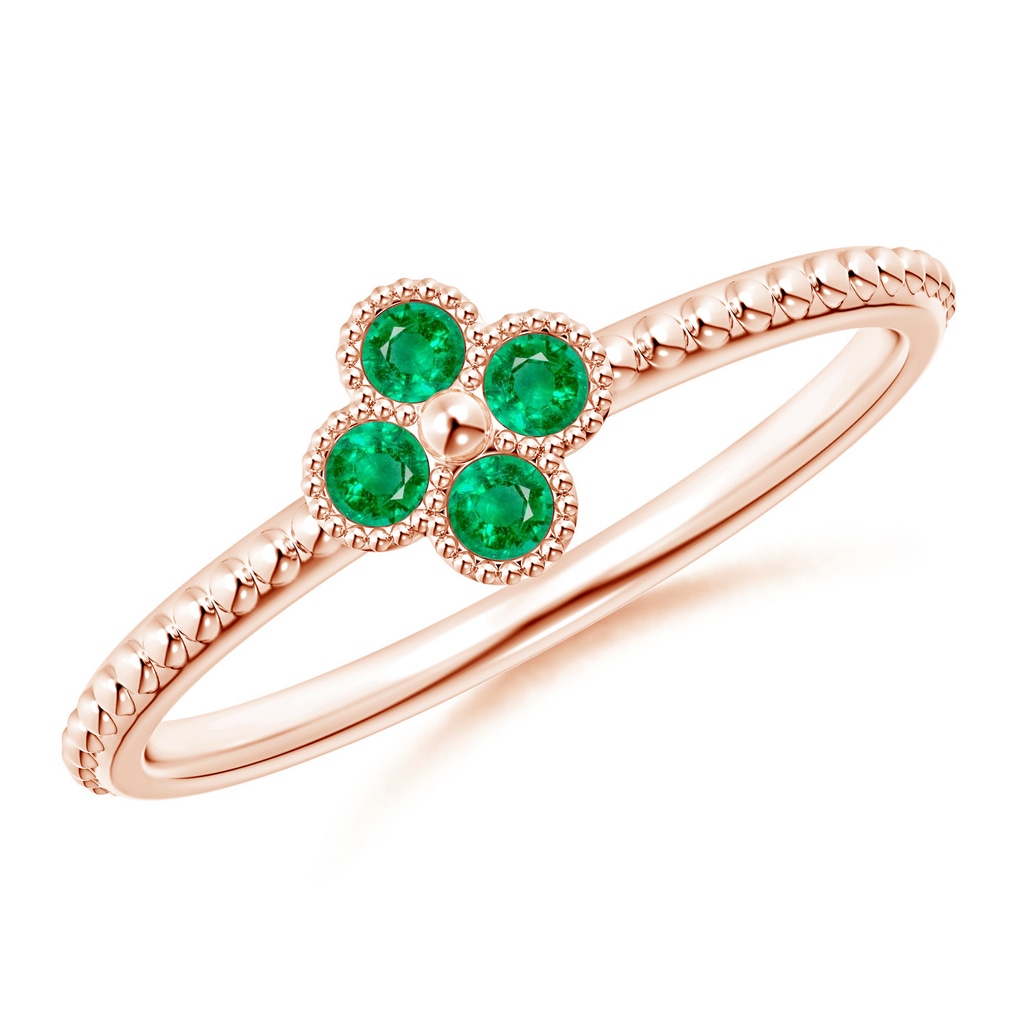 2mm AAA Emerald Four Leaf Clover Ring with Beaded Shank in Rose Gold