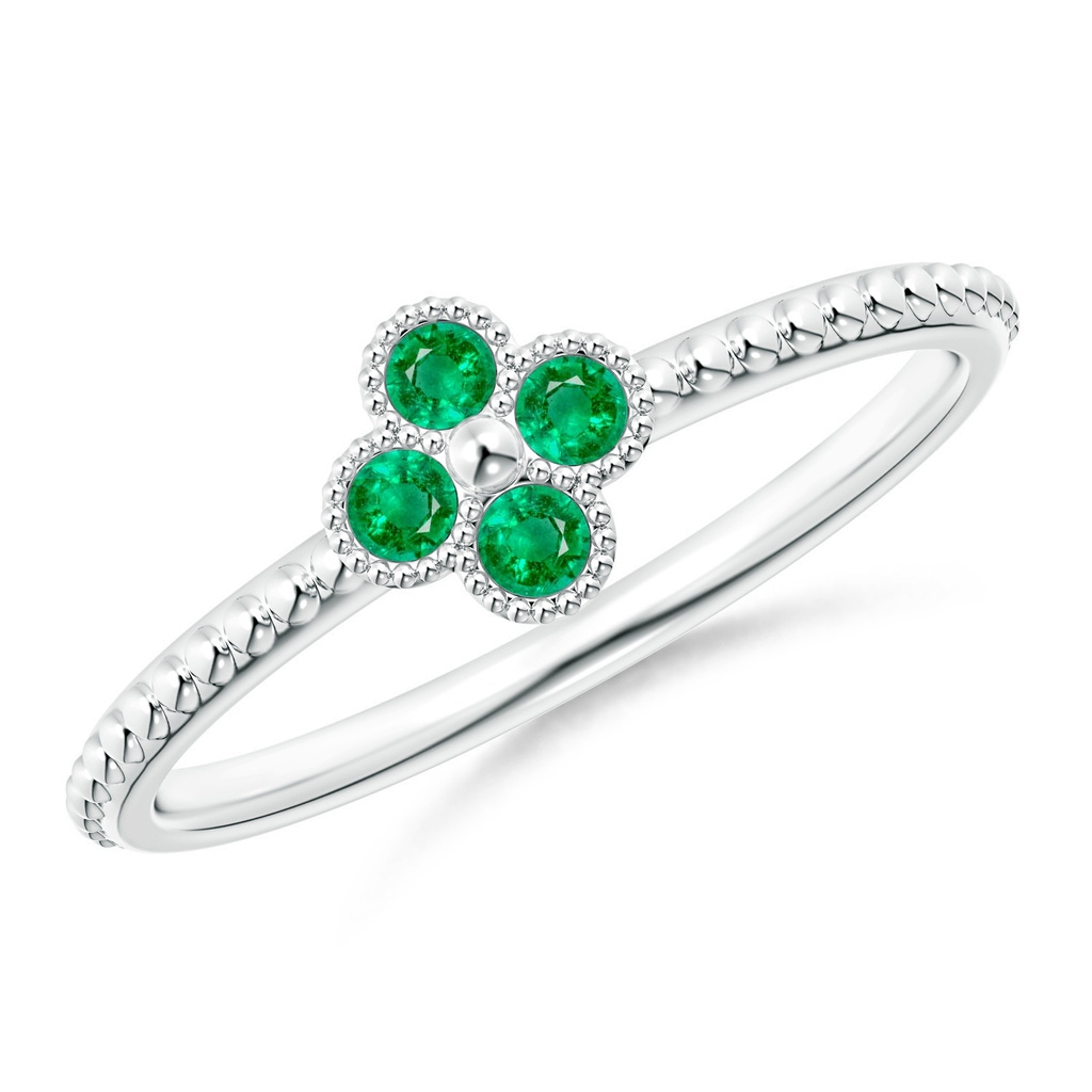 2mm AAA Emerald Four Leaf Clover Ring with Beaded Shank in S999 Silver