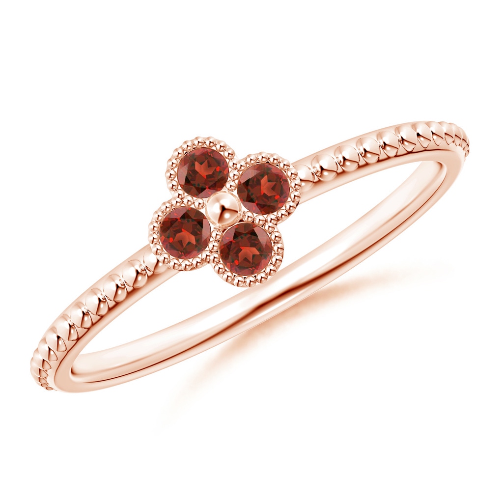 2mm AAA Garnet Four Leaf Clover Ring with Beaded Shank in Rose Gold