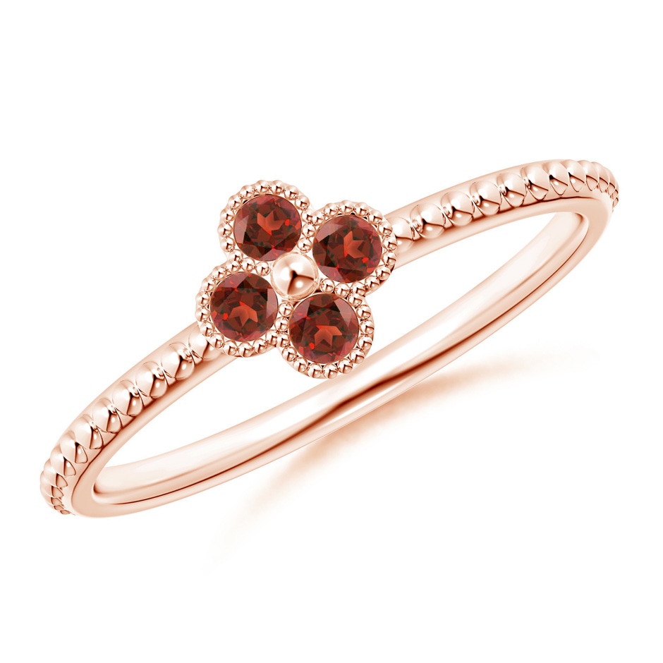 2mm AAA Garnet Four Leaf Clover Ring with Beaded Shank in Rose Gold 