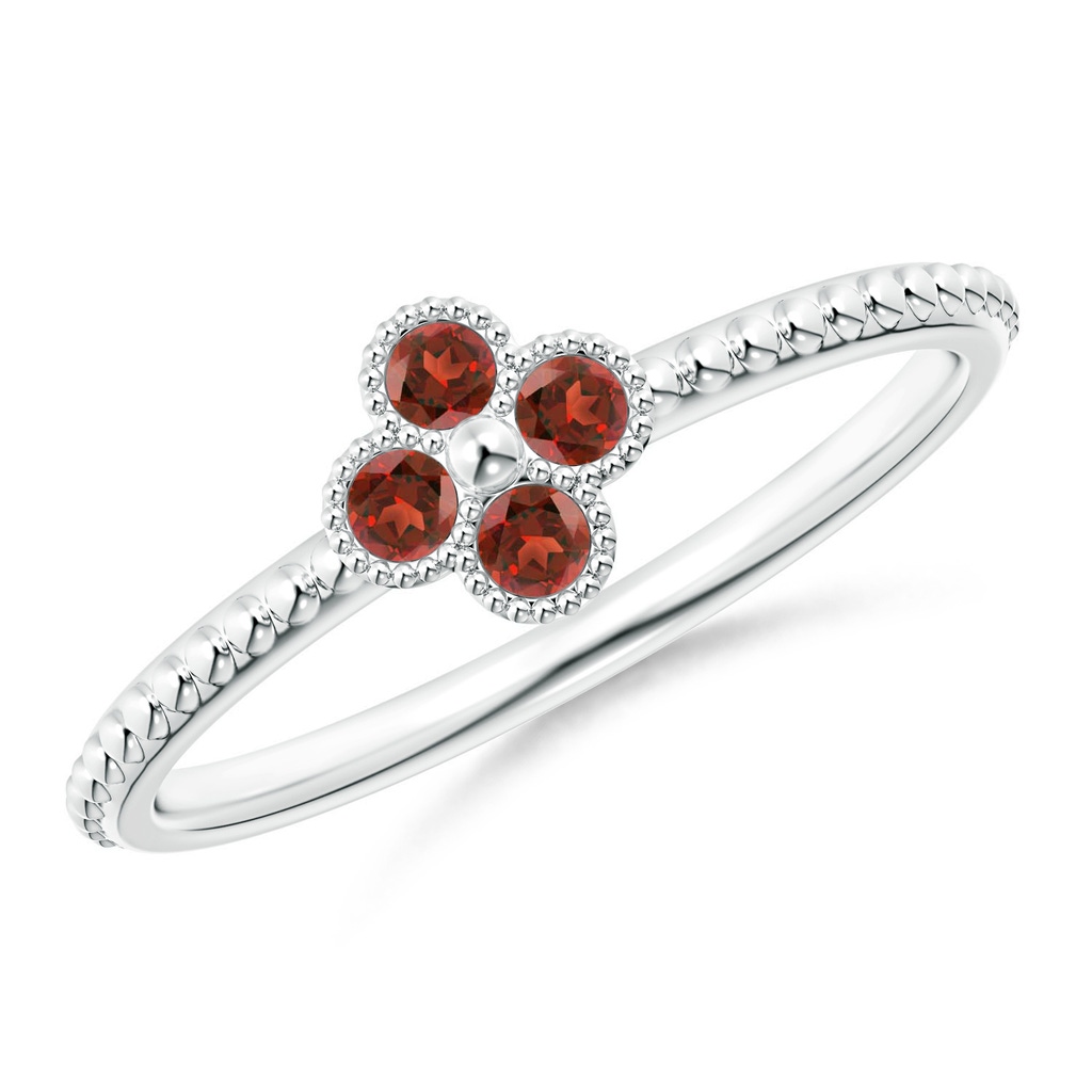 2mm AAA Garnet Four Leaf Clover Ring with Beaded Shank in White Gold