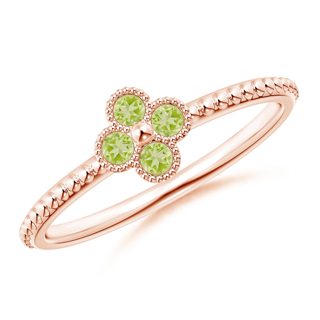 2mm AAA Peridot Four Leaf Clover Ring with Beaded Shank in Rose Gold