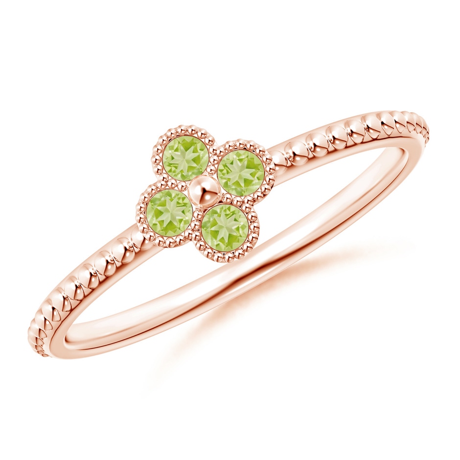 2mm AAA Peridot Four Leaf Clover Ring with Beaded Shank in Rose Gold 