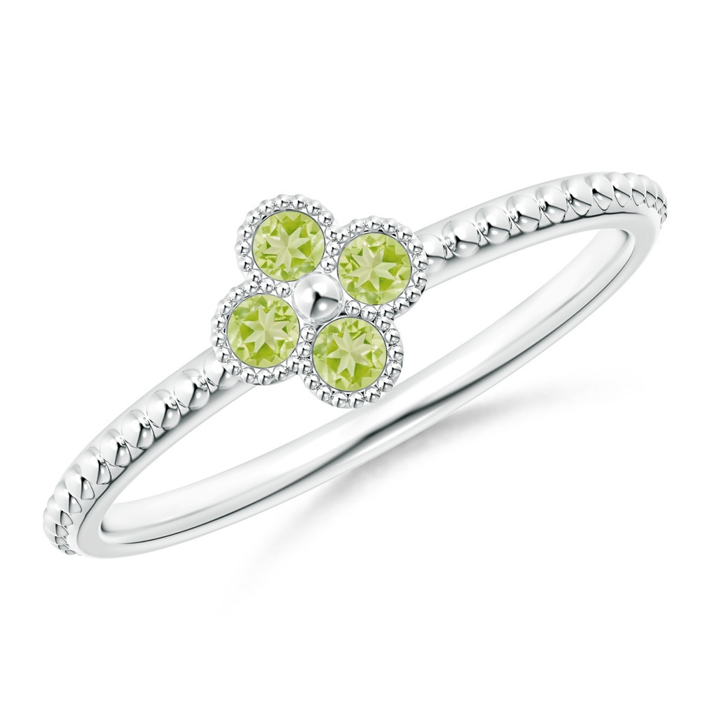 2mm AAA Peridot Four Leaf Clover Ring with Beaded Shank in S999 Silver