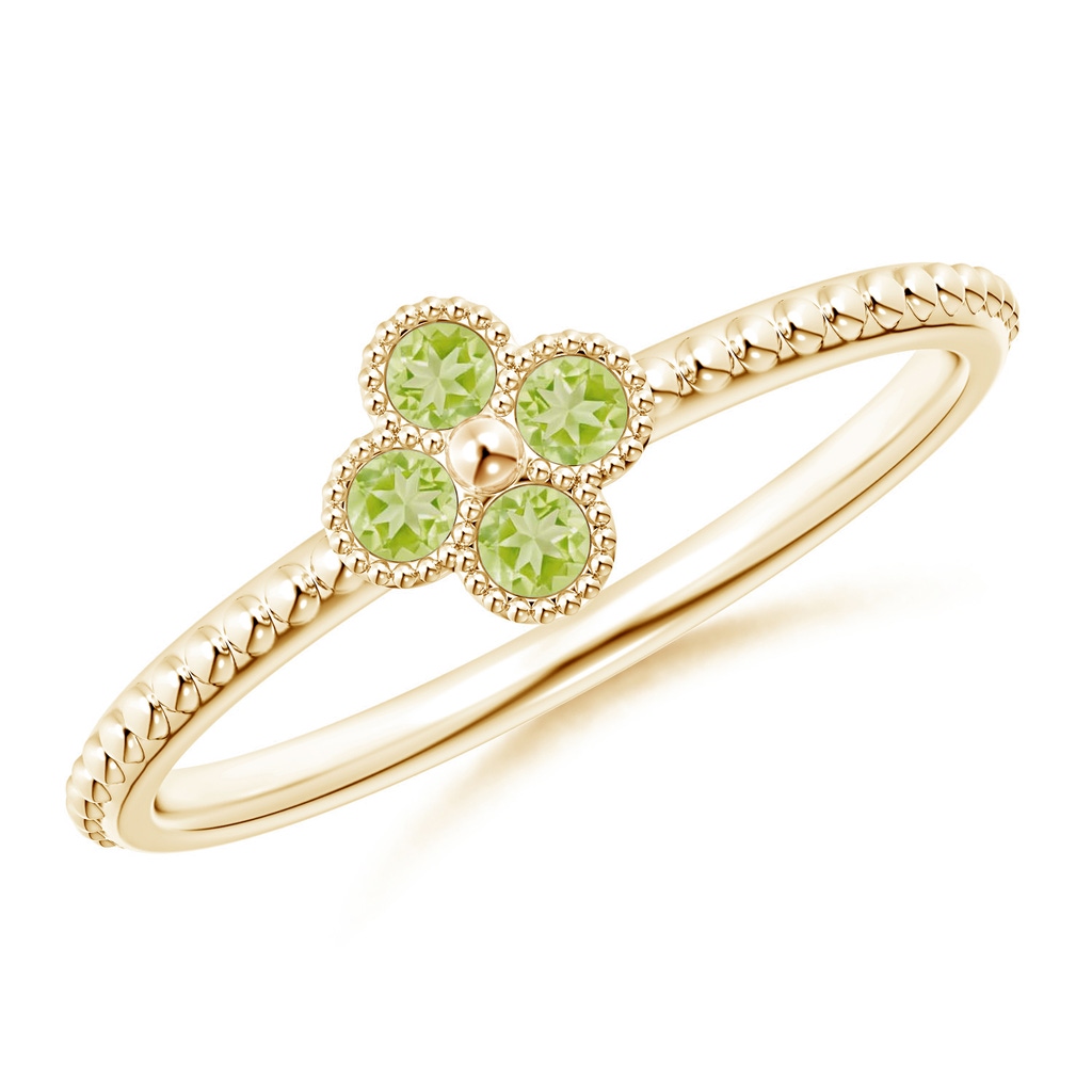 2mm AAA Peridot Four Leaf Clover Ring with Beaded Shank in Yellow Gold