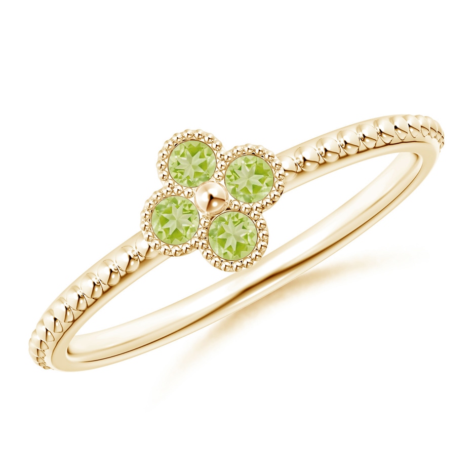 2mm AAA Peridot Four Leaf Clover Ring with Beaded Shank in Yellow Gold 