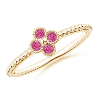 2mm AAA Pink Sapphire Four Leaf Clover Ring with Beaded Shank in Yellow Gold