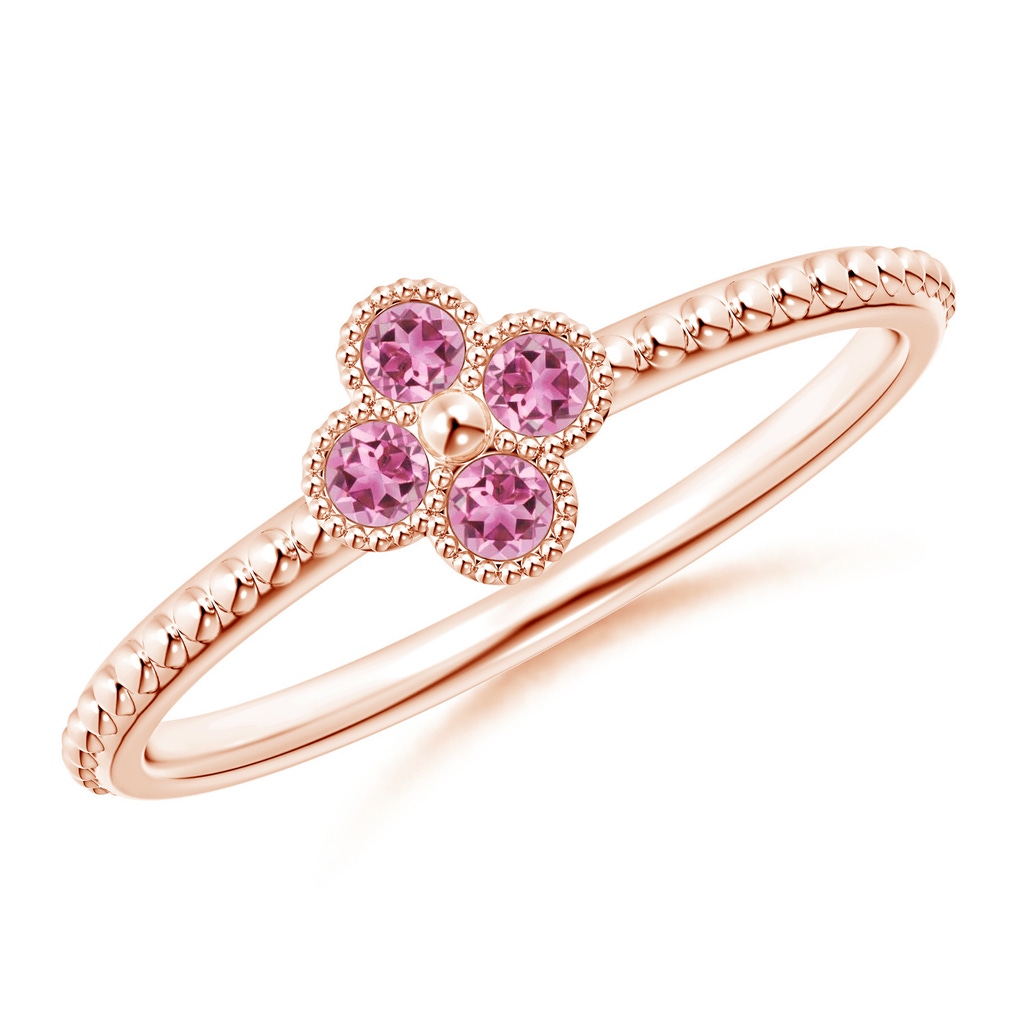 2mm AAA Pink Tourmaline Four Leaf Clover Ring with Beaded Shank in Rose Gold 