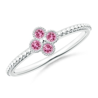 2mm AAA Pink Tourmaline Four Leaf Clover Ring with Beaded Shank in White Gold