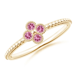 2mm AAA Pink Tourmaline Four Leaf Clover Ring with Beaded Shank in Yellow Gold