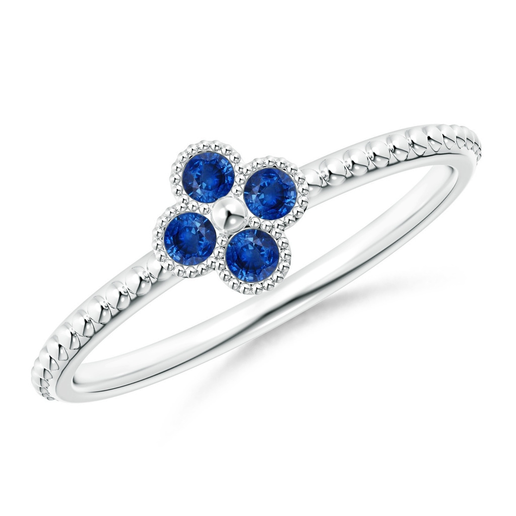 2mm AAA Sapphire Four Leaf Clover Ring with Beaded Shank in S999 Silver