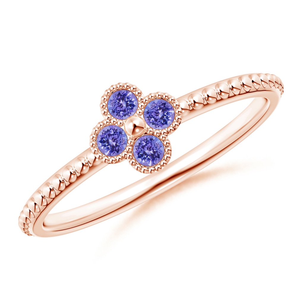 2mm AAA Tanzanite Four Leaf Clover Ring with Beaded Shank in Rose Gold