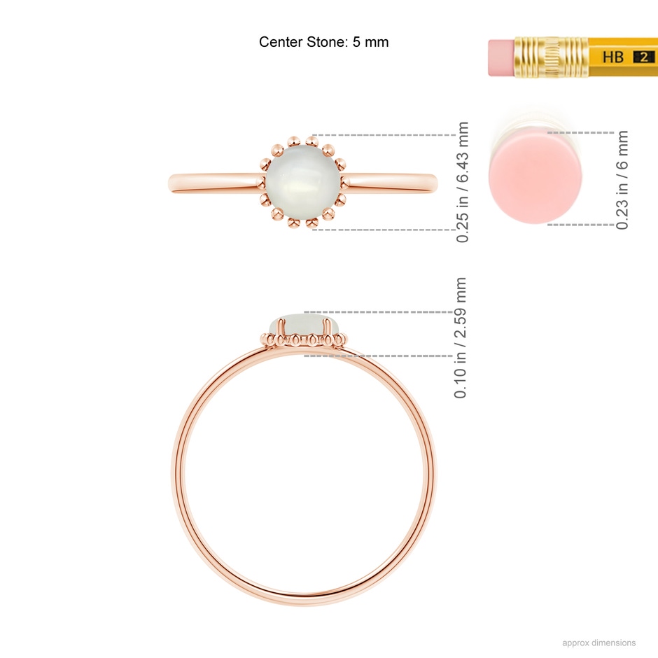 5mm AAAA Solitaire Moonstone Ring with Beaded Halo in Rose Gold ruler