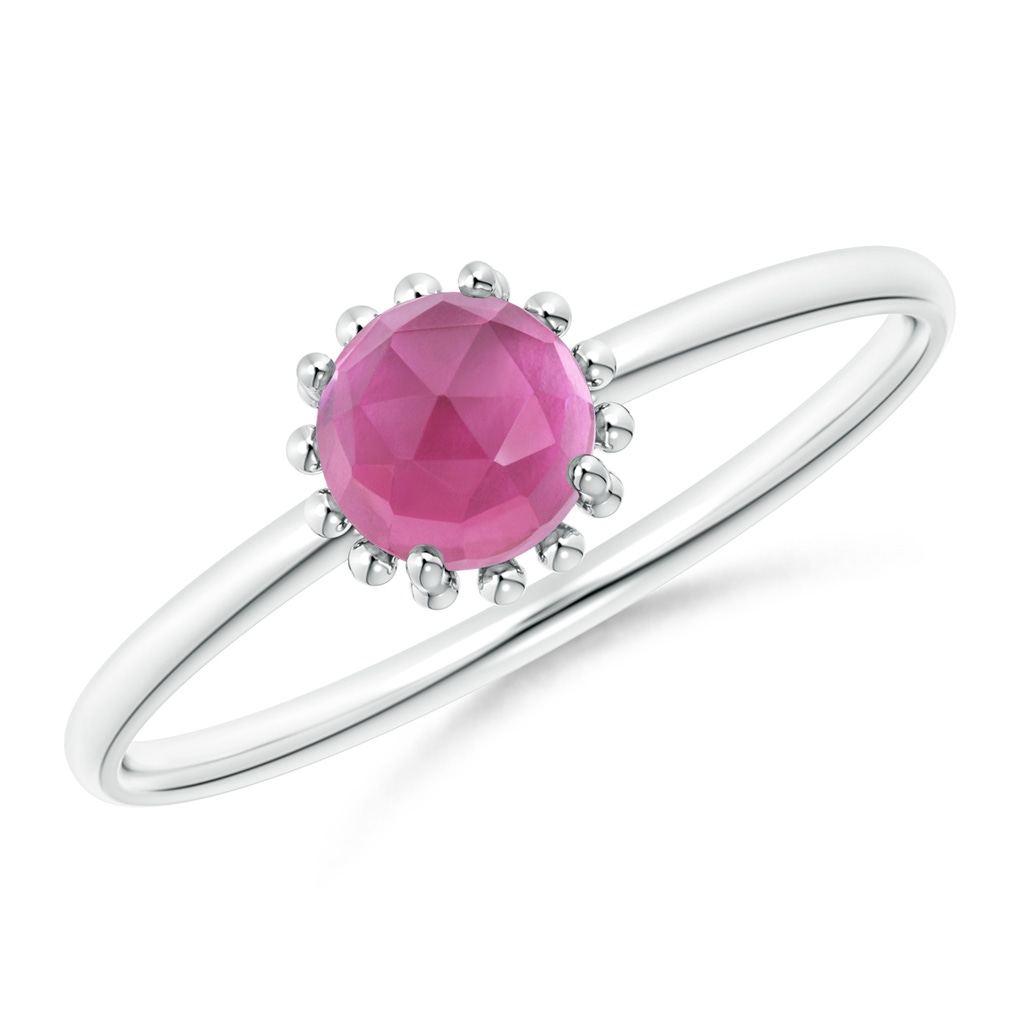 5mm AAA Solitaire Pink Tourmaline Ring with Beaded Halo in White Gold