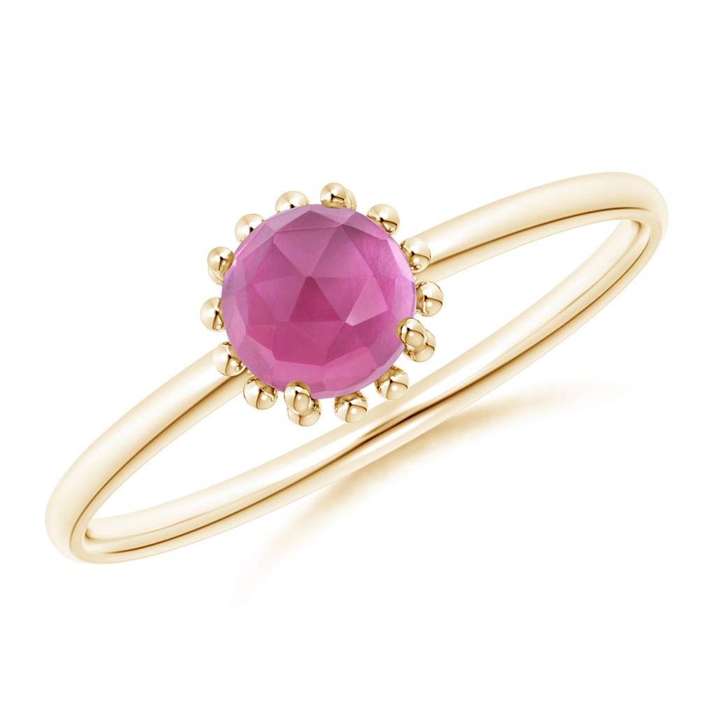 5mm AAA Solitaire Pink Tourmaline Ring with Beaded Halo in Yellow Gold