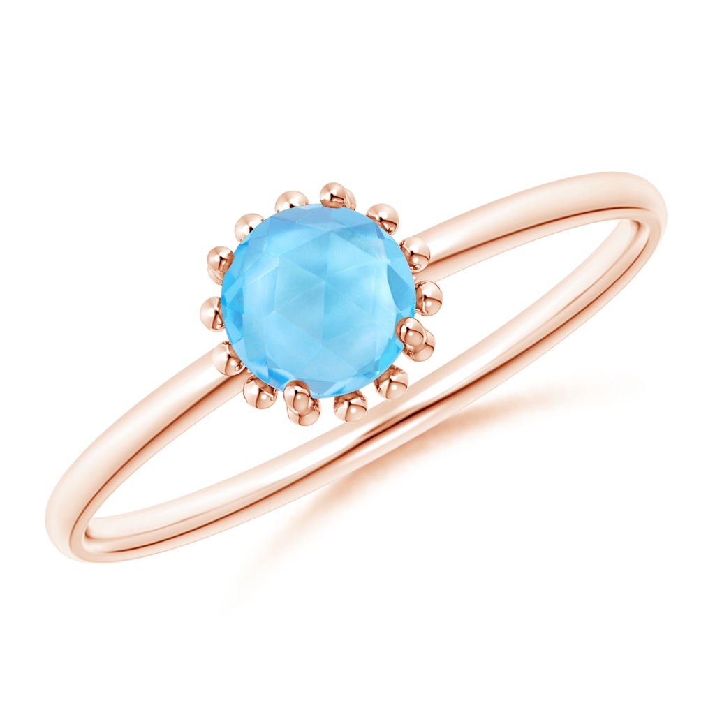 5mm AAA Solitaire Swiss Blue Topaz Ring with Beaded Halo in Rose Gold