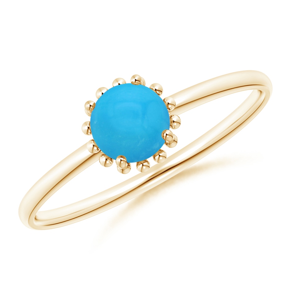 5mm AAAA Solitaire Turquoise Ring with Beaded Halo in Yellow Gold 