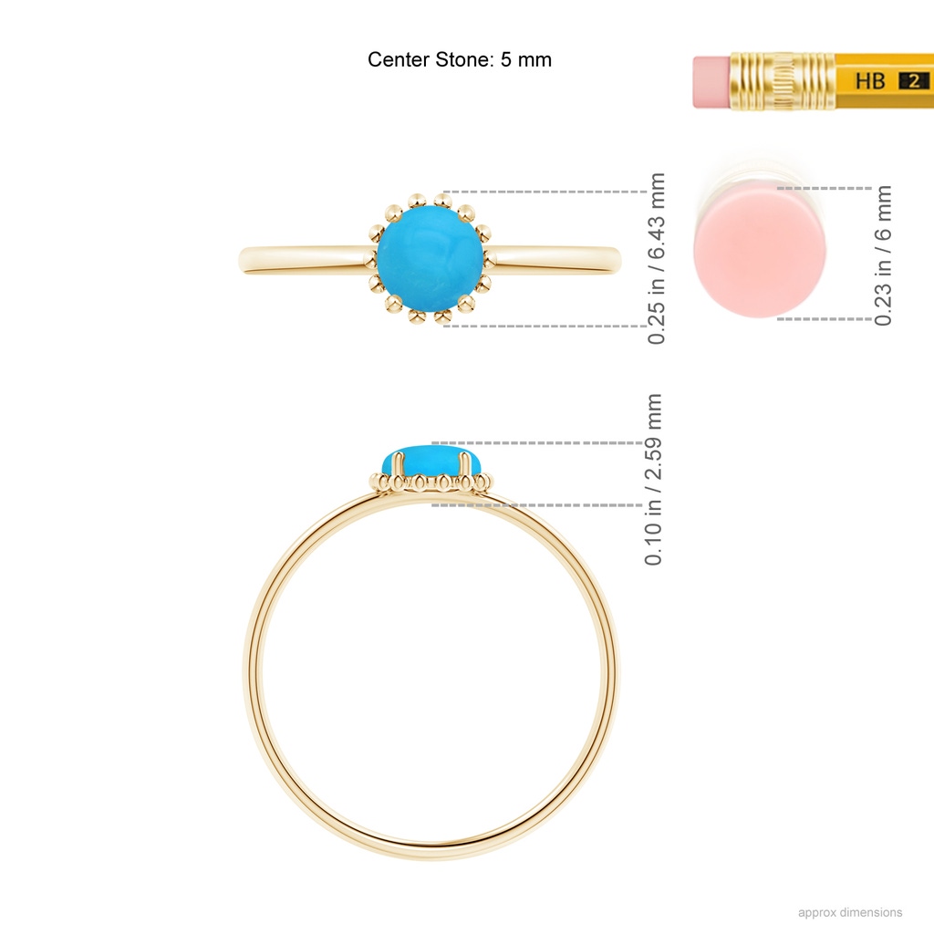5mm AAAA Solitaire Turquoise Ring with Beaded Halo in Yellow Gold Ruler