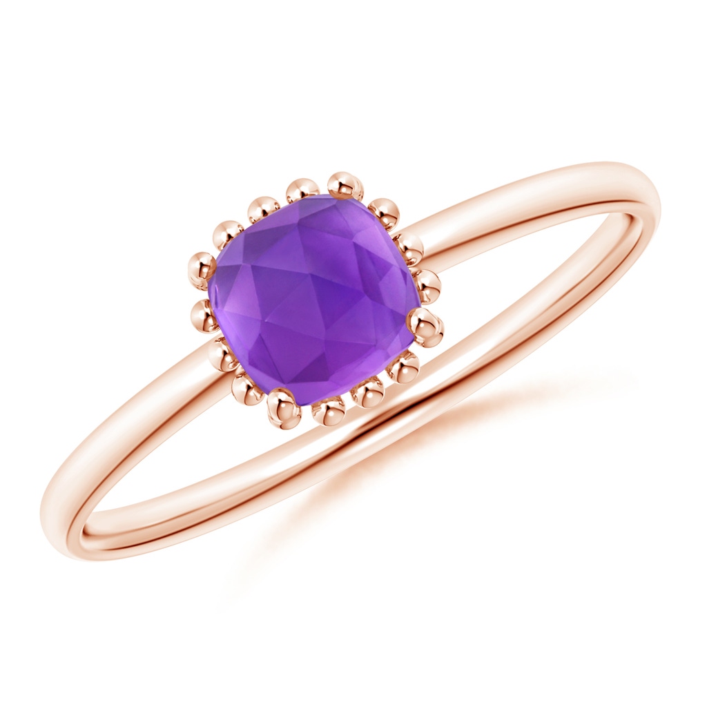 5mm AAA Classic Cushion Amethyst Ring with Beaded Halo in Rose Gold 