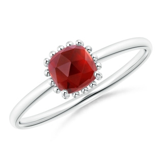 5mm AAA Classic Cushion Garnet Ring with Beaded Halo in 9K White Gold