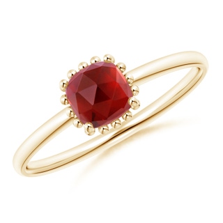 5mm AAA Classic Cushion Garnet Ring with Beaded Halo in Yellow Gold