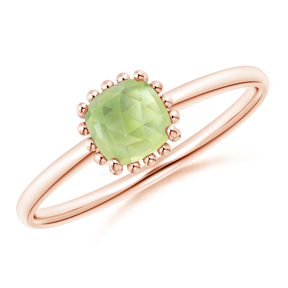 5mm AAA Classic Cushion Peridot Ring with Beaded Halo in Rose Gold 