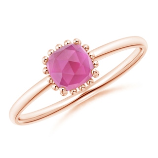 5mm AAA Classic Cushion Pink Tourmaline Ring with Beaded Halo in Rose Gold