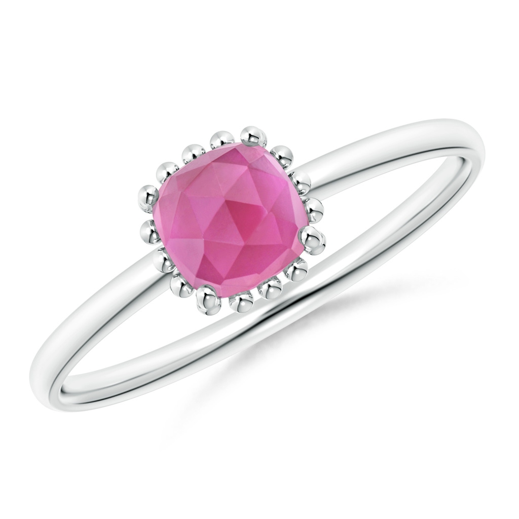 5mm AAA Classic Cushion Pink Tourmaline Ring with Beaded Halo in White Gold