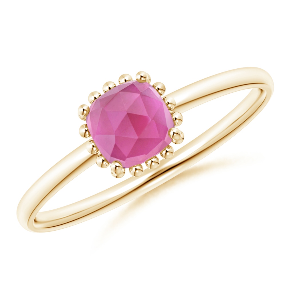 5mm AAA Classic Cushion Pink Tourmaline Ring with Beaded Halo in Yellow Gold