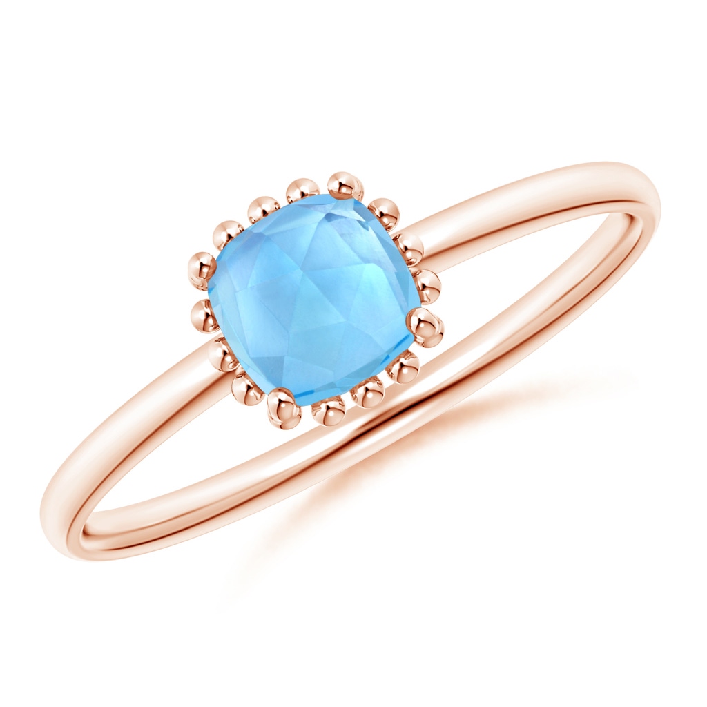 5mm AAA Classic Cushion Swiss Blue Topaz Ring with Beaded Halo in Rose Gold