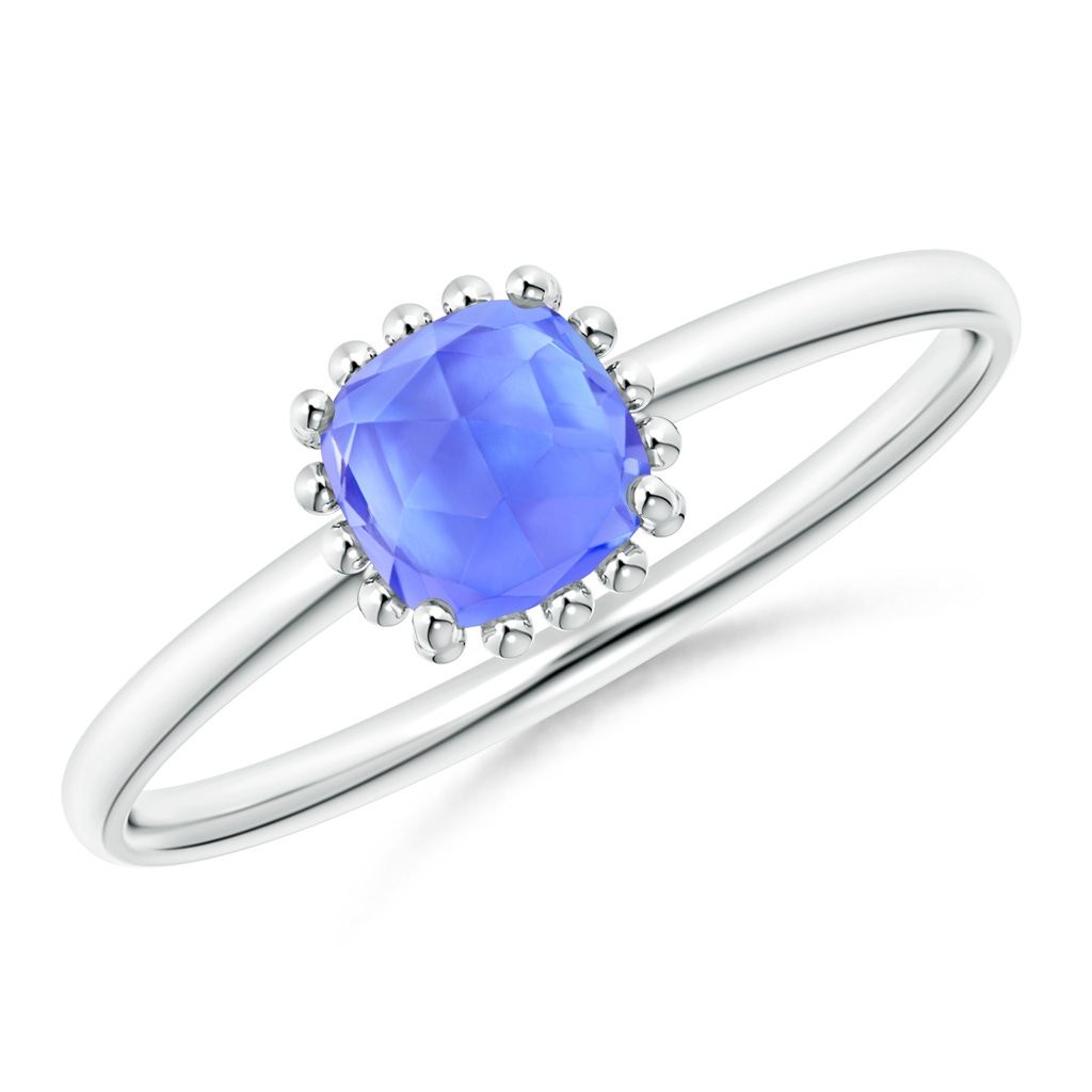 5mm AAA Classic Cushion Tanzanite Ring with Beaded Halo in White Gold