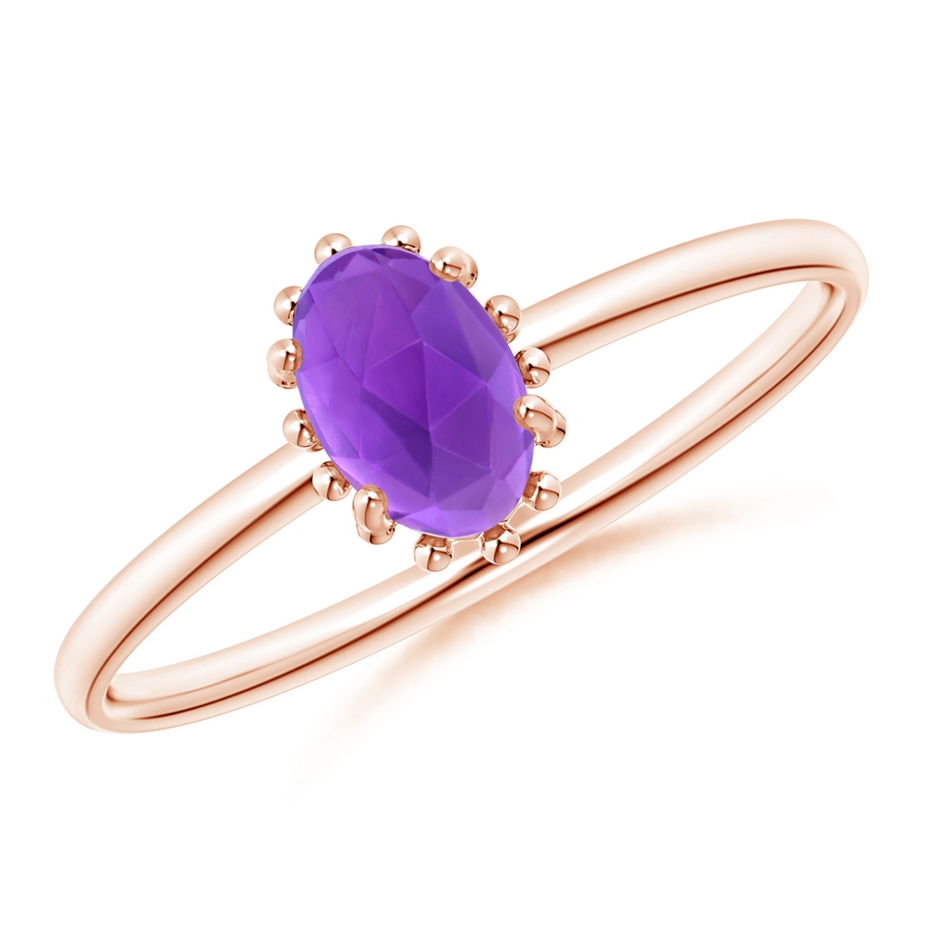 6x4mm AAA Classic Oval Amethyst Ring with Beaded Halo in Rose Gold 