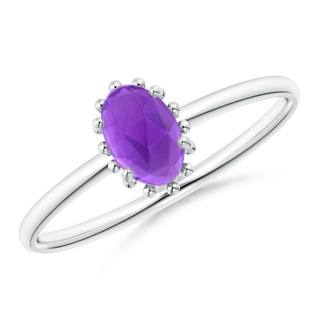 6x4mm AAA Classic Oval Amethyst Ring with Beaded Halo in White Gold