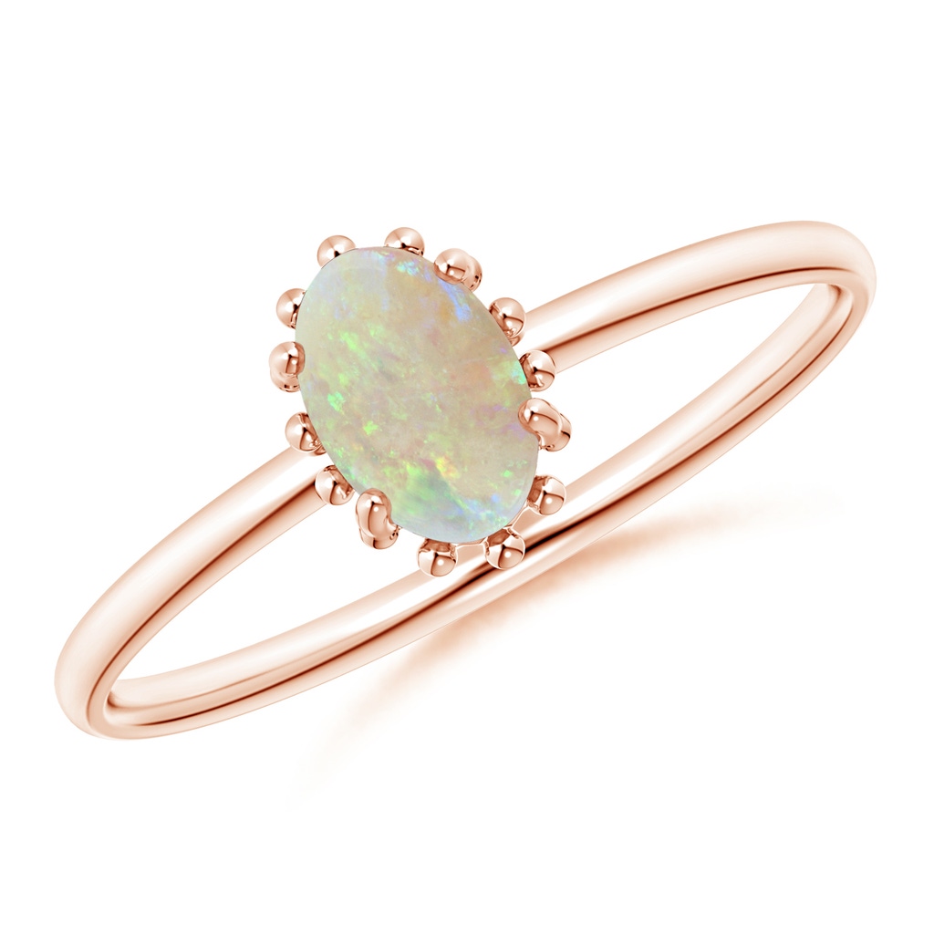 6x4mm AAA Classic Oval Opal Ring with Beaded Halo in Rose Gold