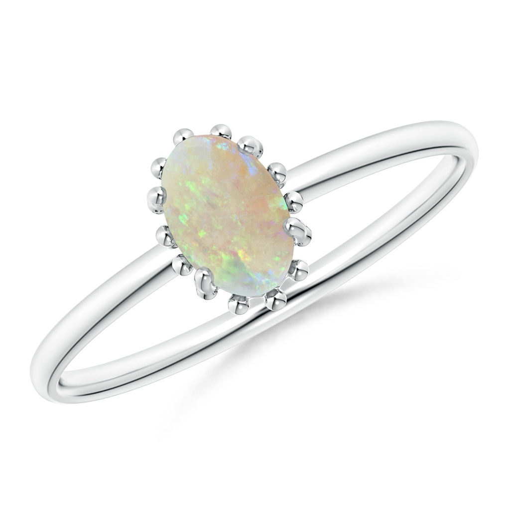 6x4mm AAA Classic Oval Opal Ring with Beaded Halo in S999 Silver