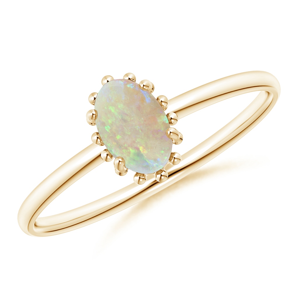 6x4mm AAA Classic Oval Opal Ring with Beaded Halo in Yellow Gold